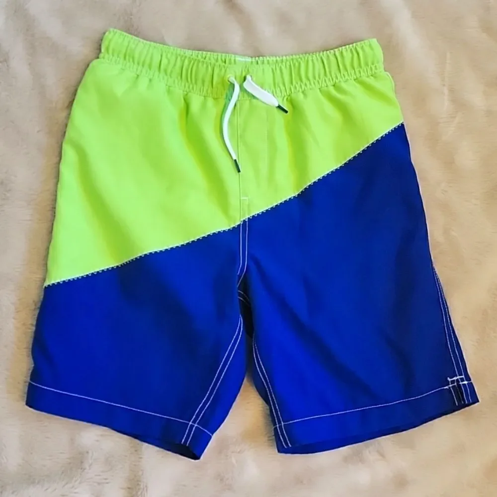 LANDS' END BLUE AND NEON SWIM TRUNKS, SIZE 10-12
